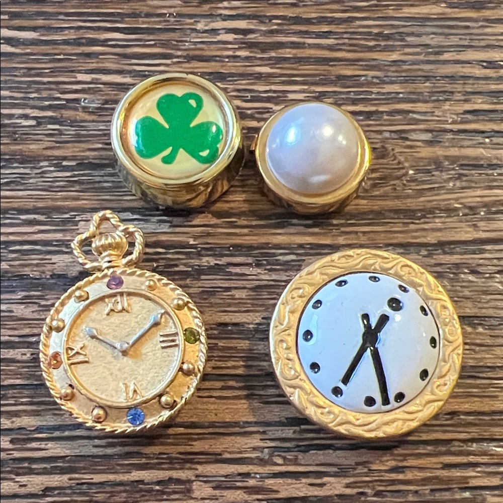 Lot 4 Vintage clock face & other lapel pins button covers ballon